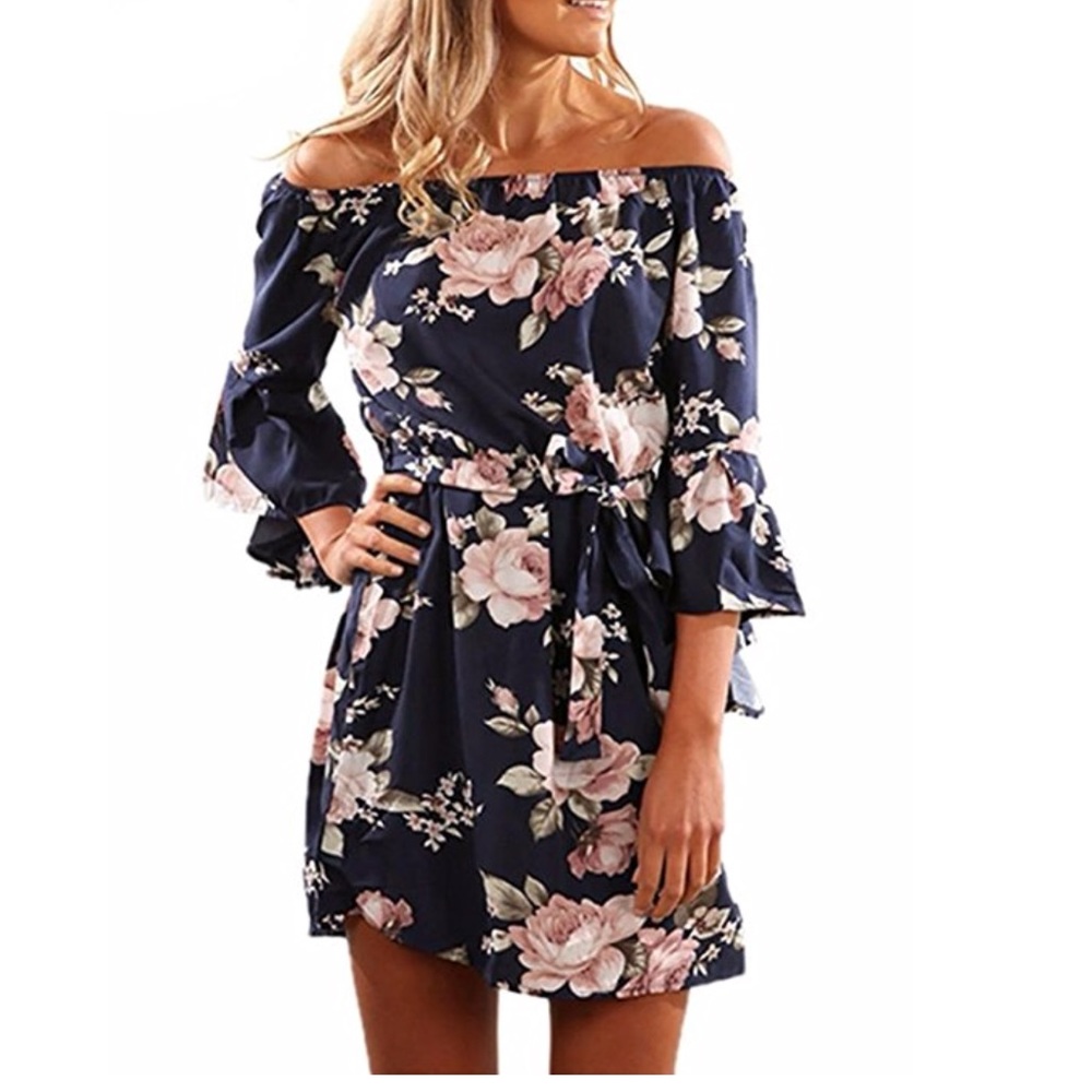 women off shoulder floral print mini dress - Picture 5 of 7